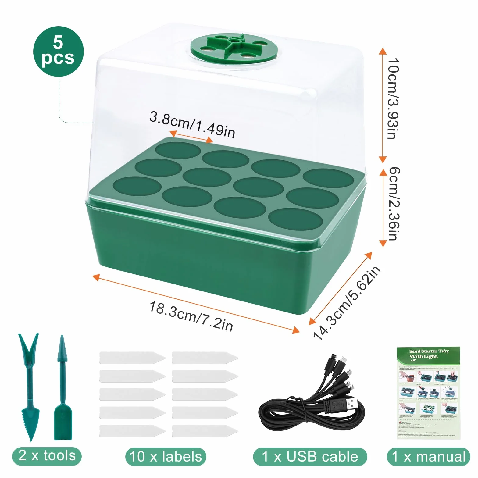 5 Pezzi Vassoi per Germinazione, Mini Serra Germinazione, Vassoi per Semi con Luce di Coltivazione, Semenzaio Propagatore Semi con Coperchi Alto con 10 Etichette, 2 Strumenti per Piante da Semina