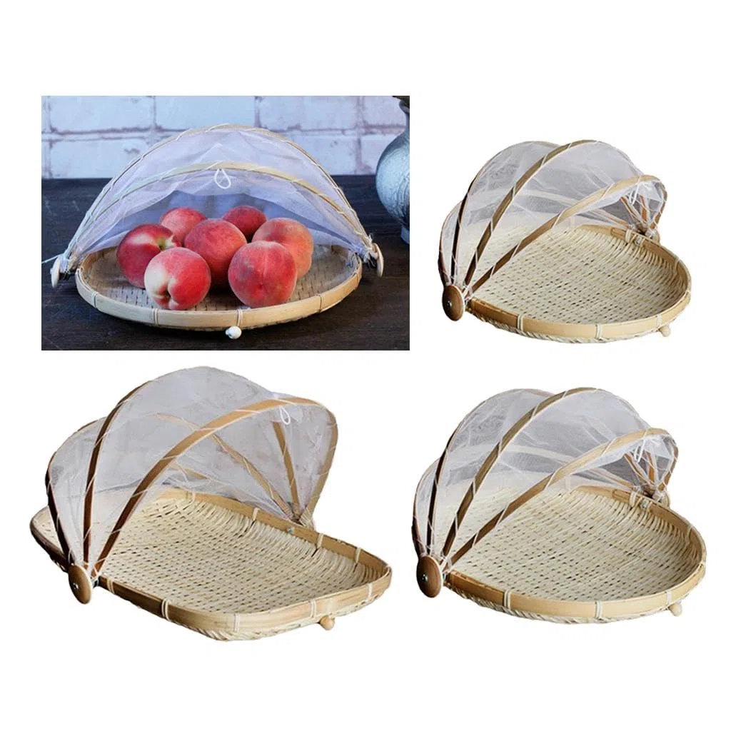 3 cestini in bambù per servire cibo all'aperto, picnic, copertura in rete a rete – vassoio retrattile protezione insetti