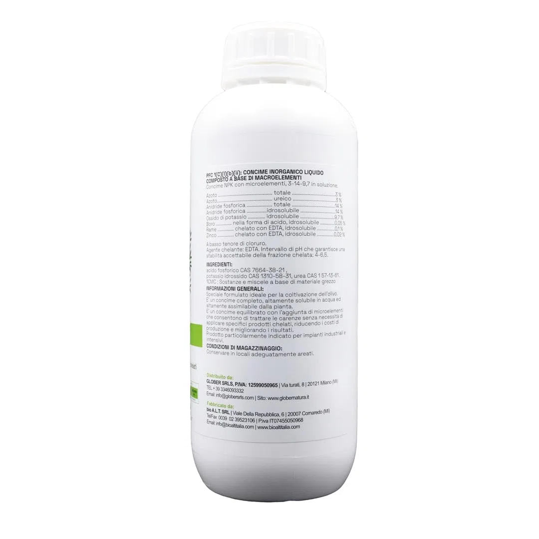 GLOBER Concime Olivo 1 Litro - 1,2 kg Concentrato - Made in Italy - Azoto Fosforo e Potassio Fertilizzante Migliora la Crescita - Fertilizzante Interno ed Esterno - Boro per Ulivo - Nutrienti Olive