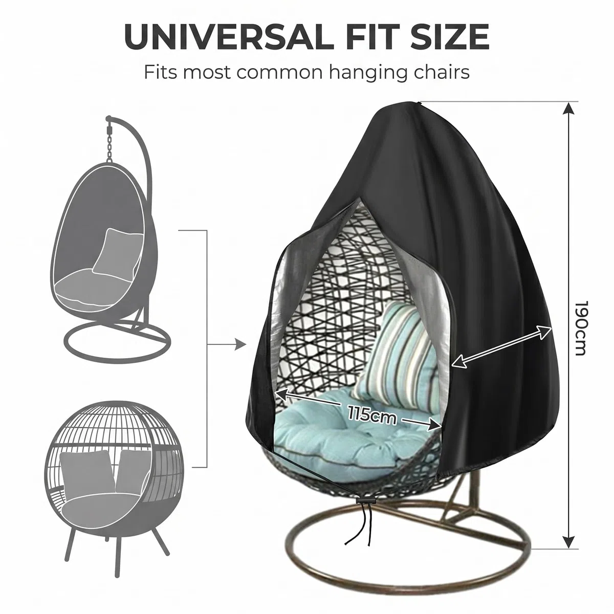 190x115 cm Fodera di Protezione per Sedia Sospesa 210D Tessuto Oxford Copertura per Sedia Sospesa con Cerniera Copri della Coprisedie Dondolo Fodera per Sedia Sospesa per Terrazzi Giardini