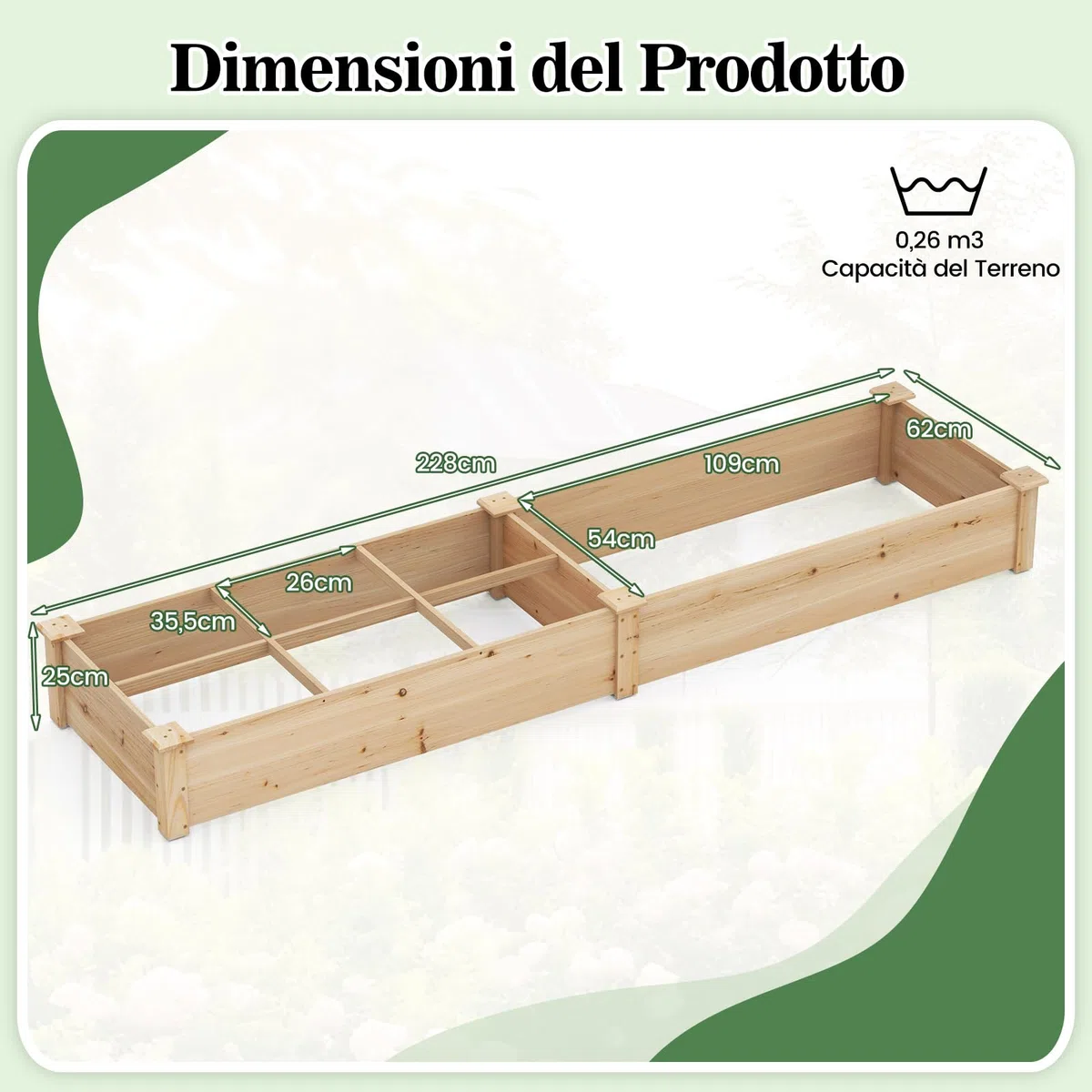COSTWAY Lettino da Giardino Elevato in Legno con 2 Scatole per Piante e Separatori, Fioriera da Giardino Rialzato in Legno Massiccio da 228 cm per Fiori, Verdure, Frutta e Erbe (Naturale)
