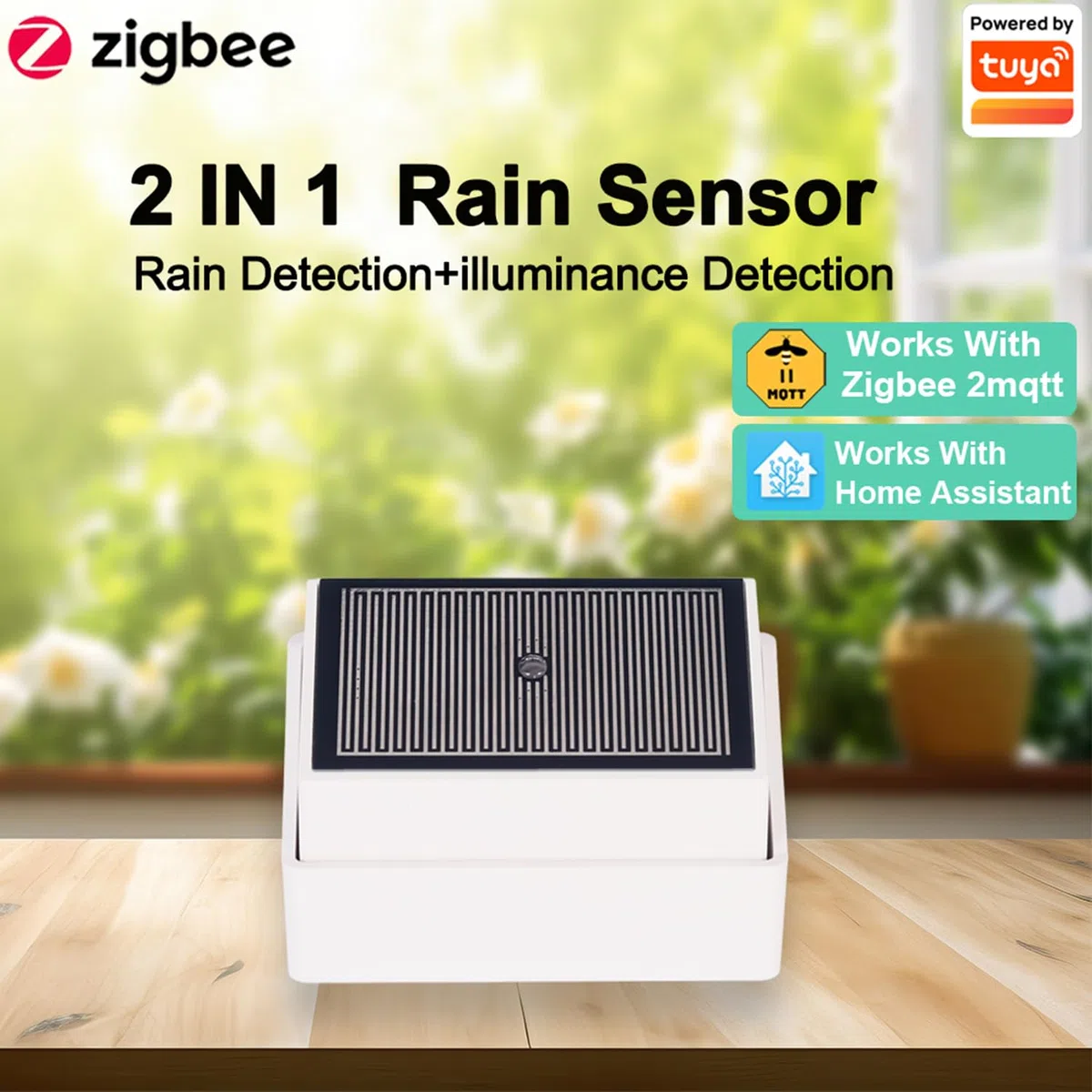 Haozee Tuya Zigbee Sensore Pioggia con Sensore Luce, Richiede TUYA HUB, Supporta Zigbee2mqtt Home Assistant, IPX4 Impermeabile per Uso Esterno