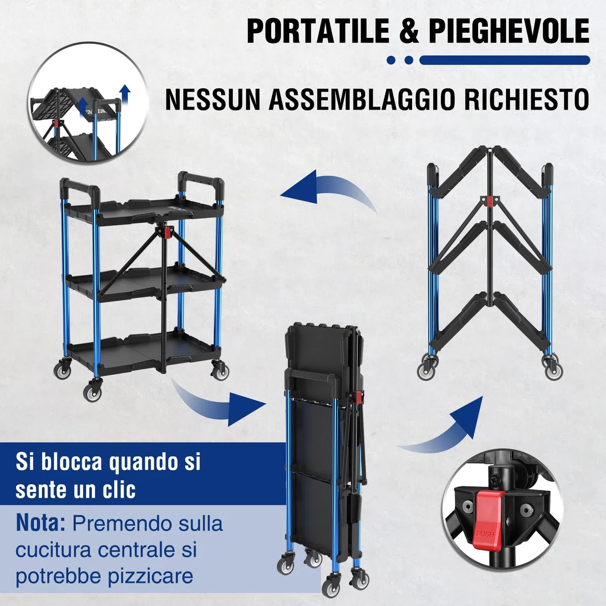 WORKPRO Carrello Pieghevole con Ruote a 3 Strati, Carrello Porta Attrezzi Multifunzione con 4 Ruote (2 con Freno) Carico di 32 kg, Ideale per Garage, Magazzini, Uffici(Non Necessita di Installazione)