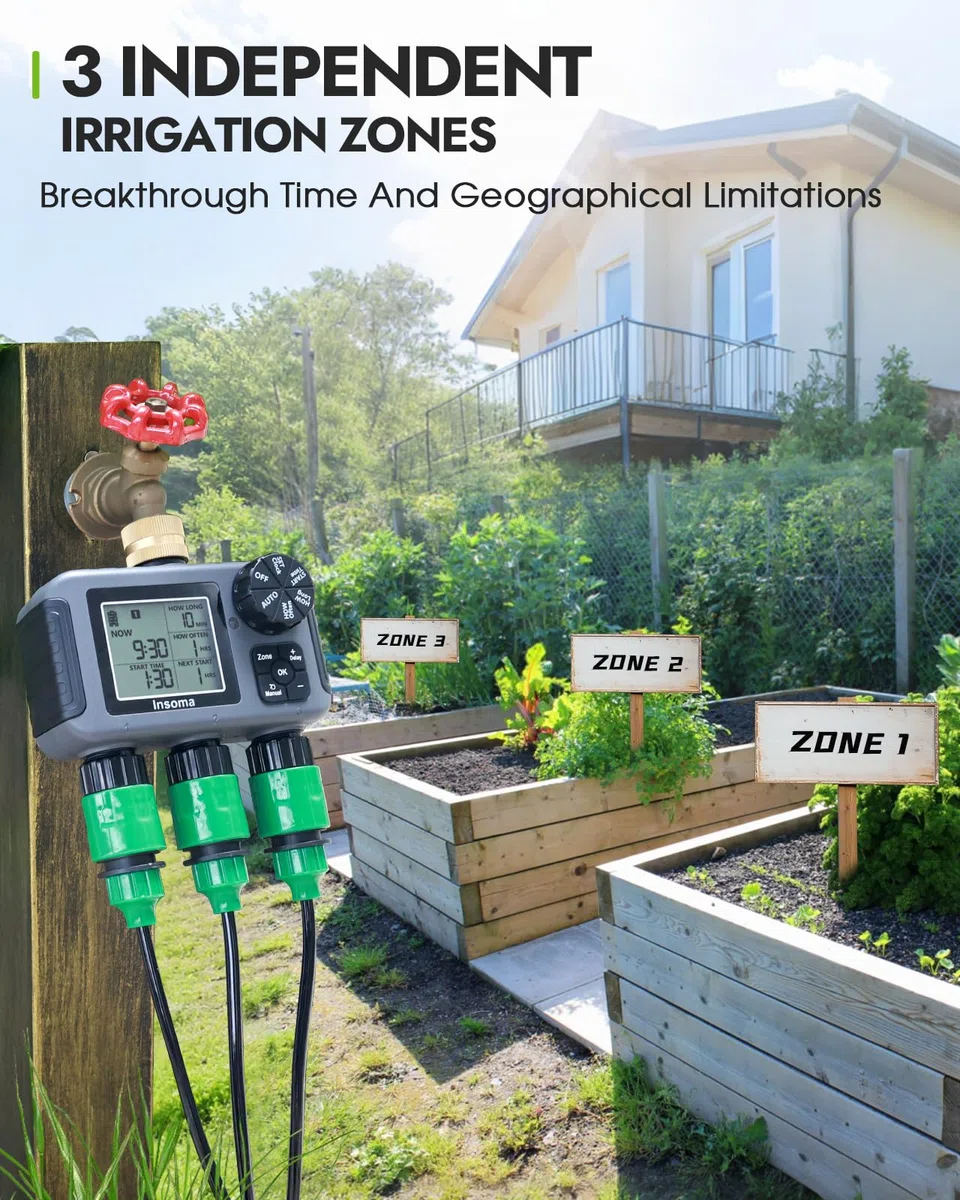Insoma Timer irrigatore a 3 zone con ingresso in ottone + impermeabile IPX5 | Modalità di irrigazione automatico/manuale programmabile con ritardo pioggia e grande LCD | Timer per tubo dell'acqua 3