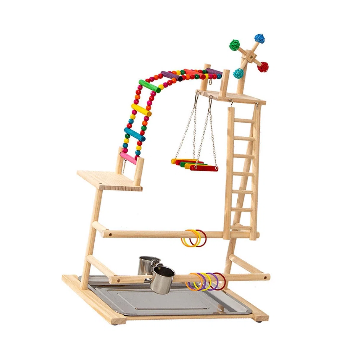 Parrocchetto Palestra Parco Giochi per Uccelli Pappagallo Posatoio in Legno Giocattolo Mulino Interattivo Multifunzionale Alimentatori Adatto per