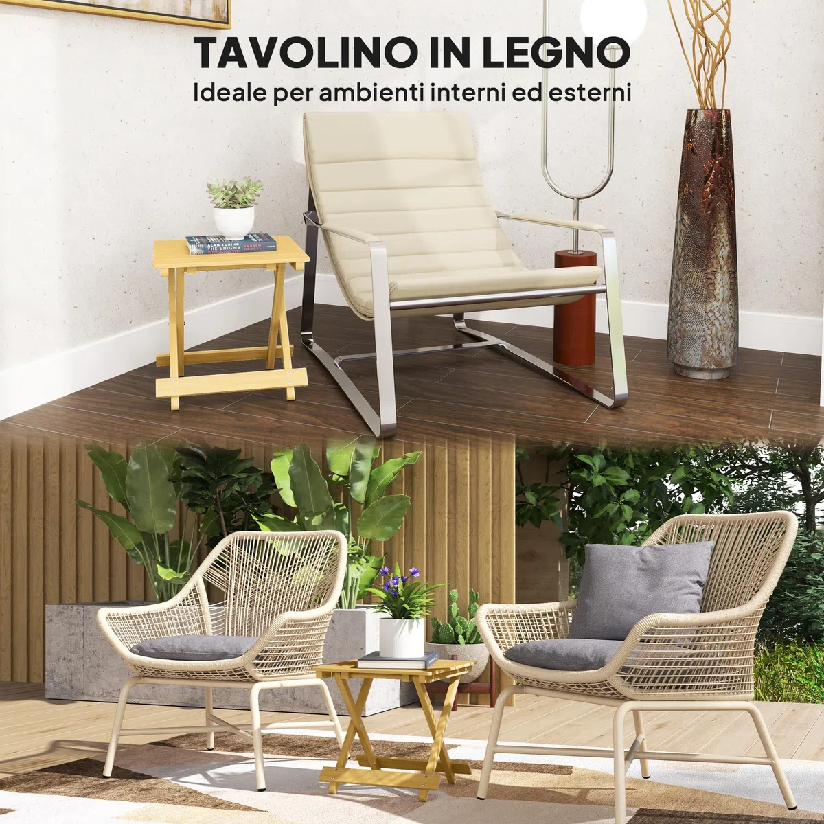 Outsunny Tavolino da Giardino Pieghevole in Legno di Abete, Tavolo da Esterno con Piano a Doghe per Salotto, Balcone e Terrazza, 40x43x40 cm, Legno Naturale