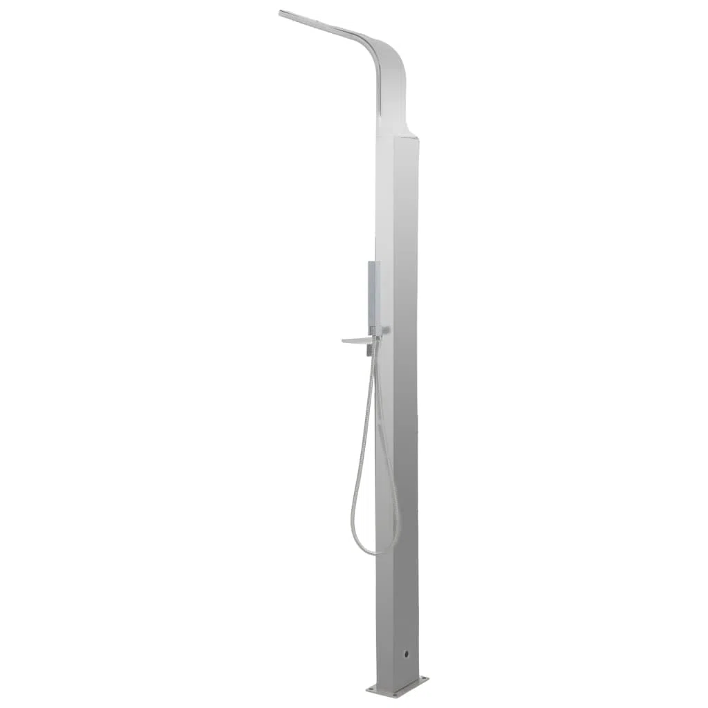 Mangloder - Doccia da giardino in acciaio inox curvo 201 spazzolato, 210 cm, soffione a pioggia, 50 getti, tubo flessibile da 150 cm, per giardino, terrazza, piscina, vasca idromassaggio, facile da