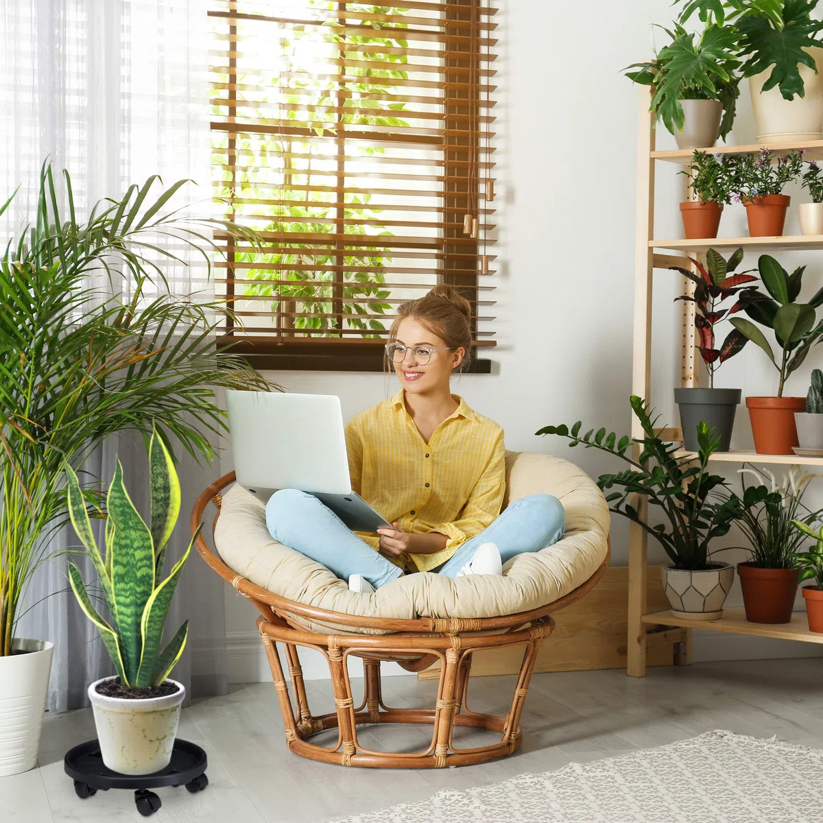 Relaxdays Portavasi con Ruote, Set Doppio, Ø 35,5cm, Carrelli Sottovasi con Rotelle, Plastica, Indoor & Outdoor, Nero