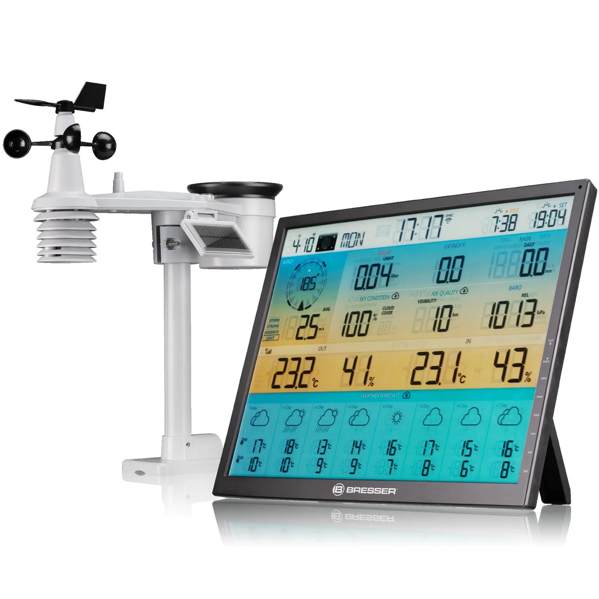 Bresser WLAN 8 Stazione meteorologica 7-in-1 giorni 4CAST XL ad energia solare | Temperatura interna ed esterna, umidità, pluviometro, anemometro, previsioni 8 giorni, app, UV e intensità luminosa