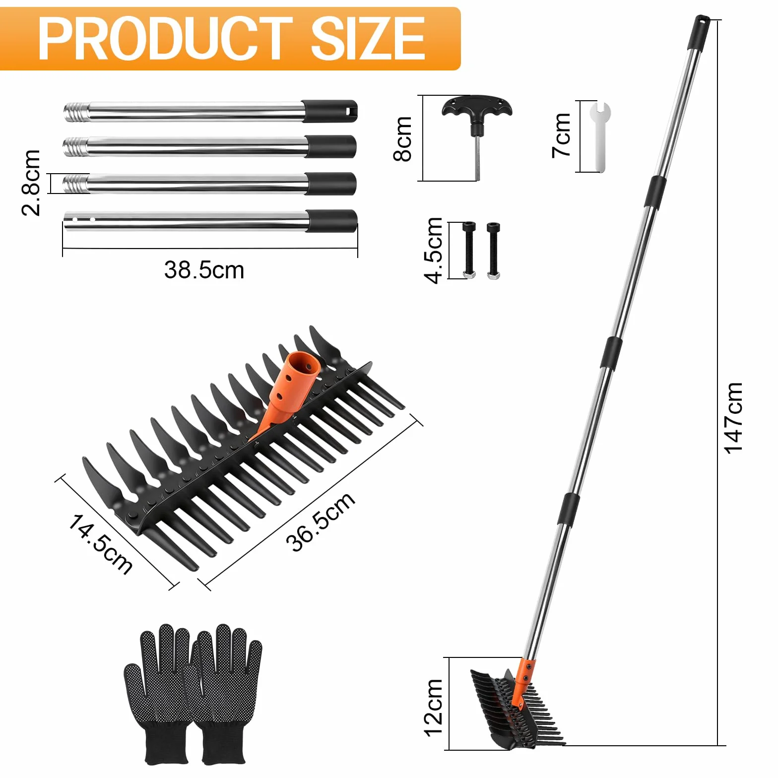 Rastrello Giardino per Erba con Manico Regolabile 75cm/110cm/145cm, Rastrello per Foglie, Rastrellos per Paglia, Estirpatore Erbacce Manuale per Arare e Dissodare il Terreno