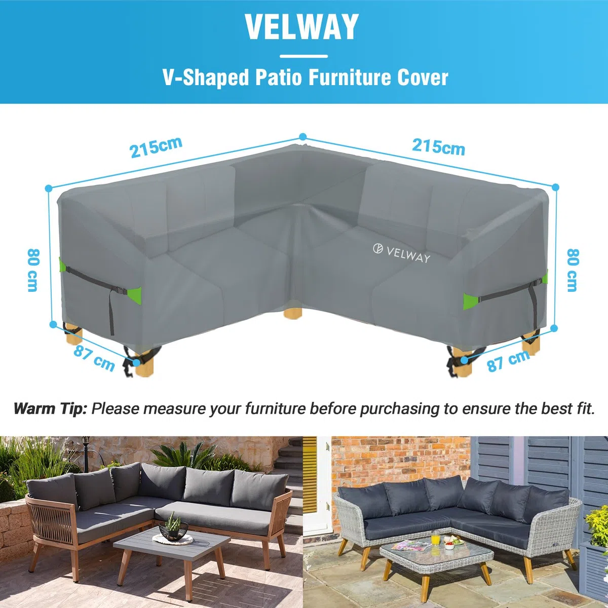 Velway Coperture per Divani da Giardino a Forma di V - 420D Oxford Impermeabile Coperture per Divani ad Angolo da Esterno in Rattan, Copertura Esterna per Arredi da Esterno (Grigio,215x215x87cm)