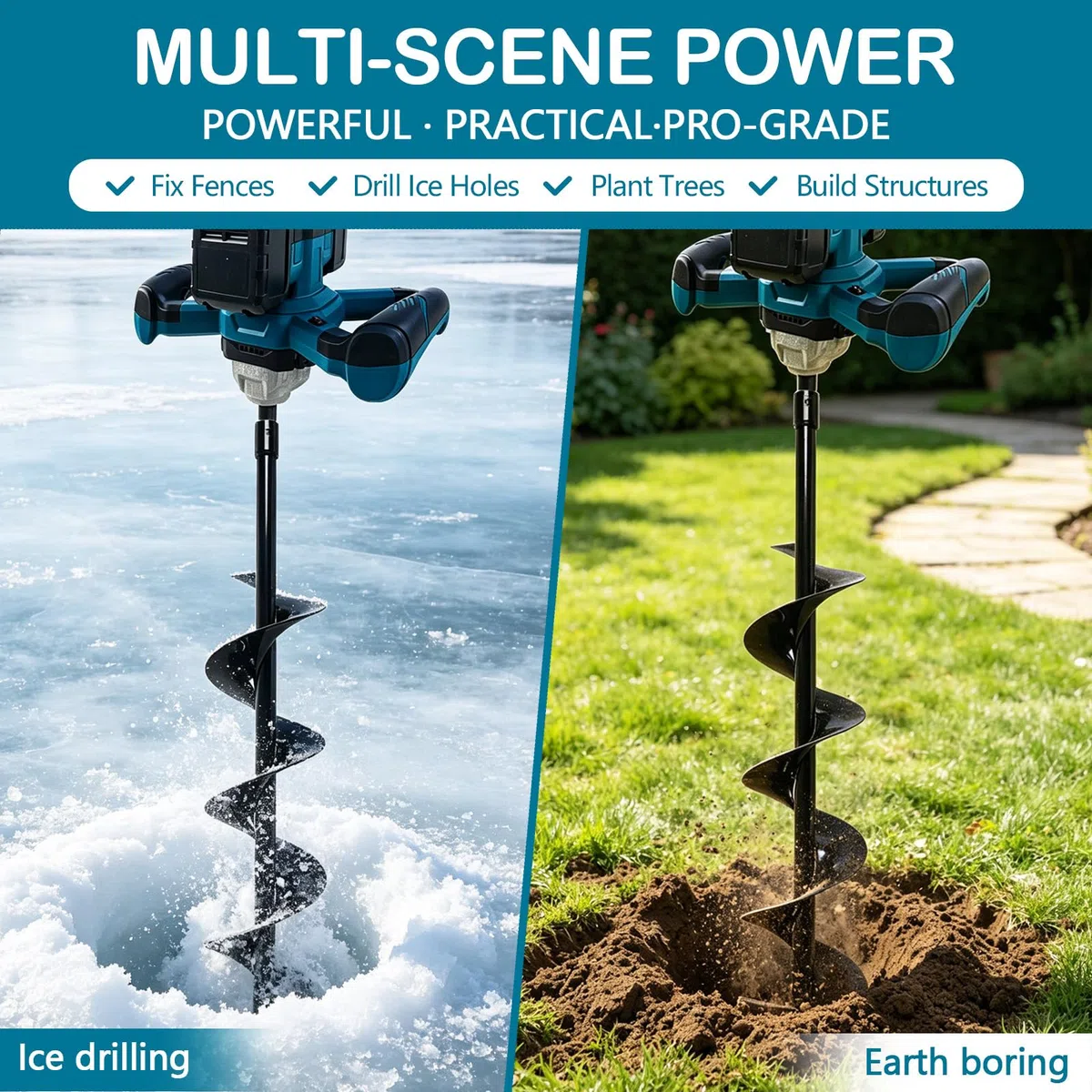 Trivella a Batteria, Trivella di Terra Professionale con 1200W Motore Senza Spazzole, Senza Testa, per Costruzione di Recinzioni, Giardino, Agitatore per Malta (Batteria e Caricabatterie Inclusi)