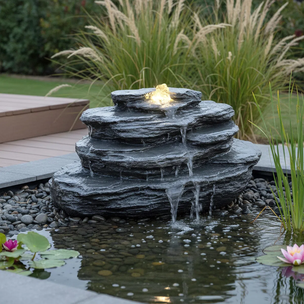 OG-KQS002 - Roccia per fontana artificiale con illuminazione a LED, aspetto pietra realistico, con tubo da 2 m, resistente alle intemperie, per laghetto e ruscello, effetto ardesia, fontana da