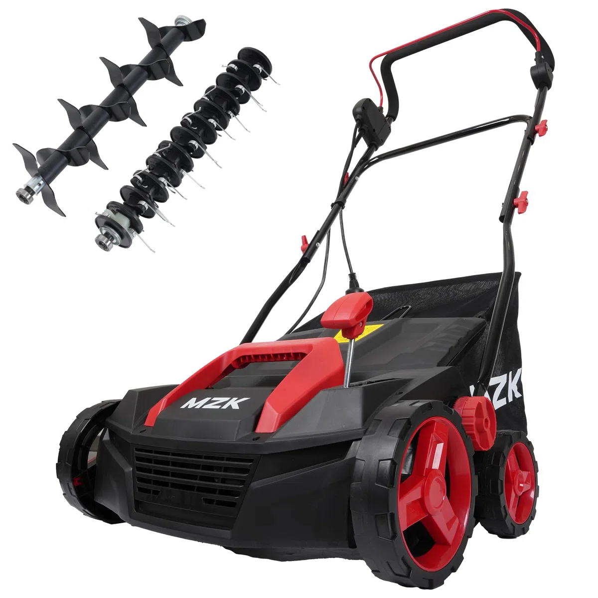 MZK Dethatcher e scarificatore elettrico 2 in 1 da 13 A da 38,1 cm, con borsa di raccolta rimovibile da 38 cm, altezza regolabile in 5 posizioni, mantiene la salute del prato