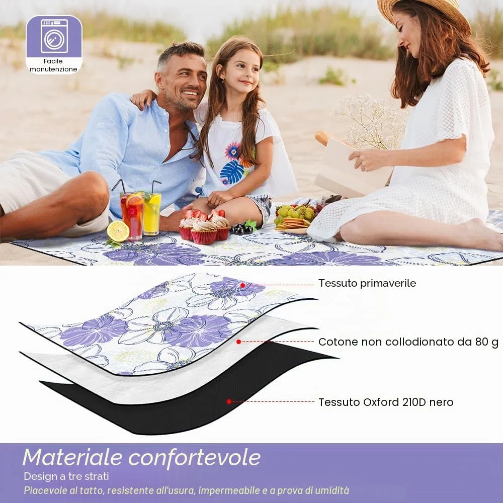 Bseical Coperta da Picnic Lavabile - 200 x 200cm Coperta da Spiaggia Impermeabile Senza Sabbia XXL Coperta da Campeggio, Stuoia da Spiaggia Isolata con Maniglia di Trasporto per 4-6 Persone