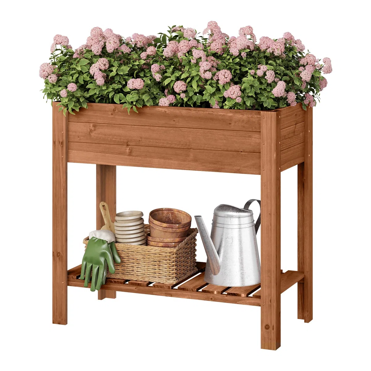WOLTU Aiuola Rialzata in Legno 80x75x40 cm, con Vaso per Fiori, Ripiano e Rivestimento Idrorepellente, per Orto ed Erbe Aromatiche, adatta a Balcone, Giardino, Terrazzo ed Esterni, Marrone