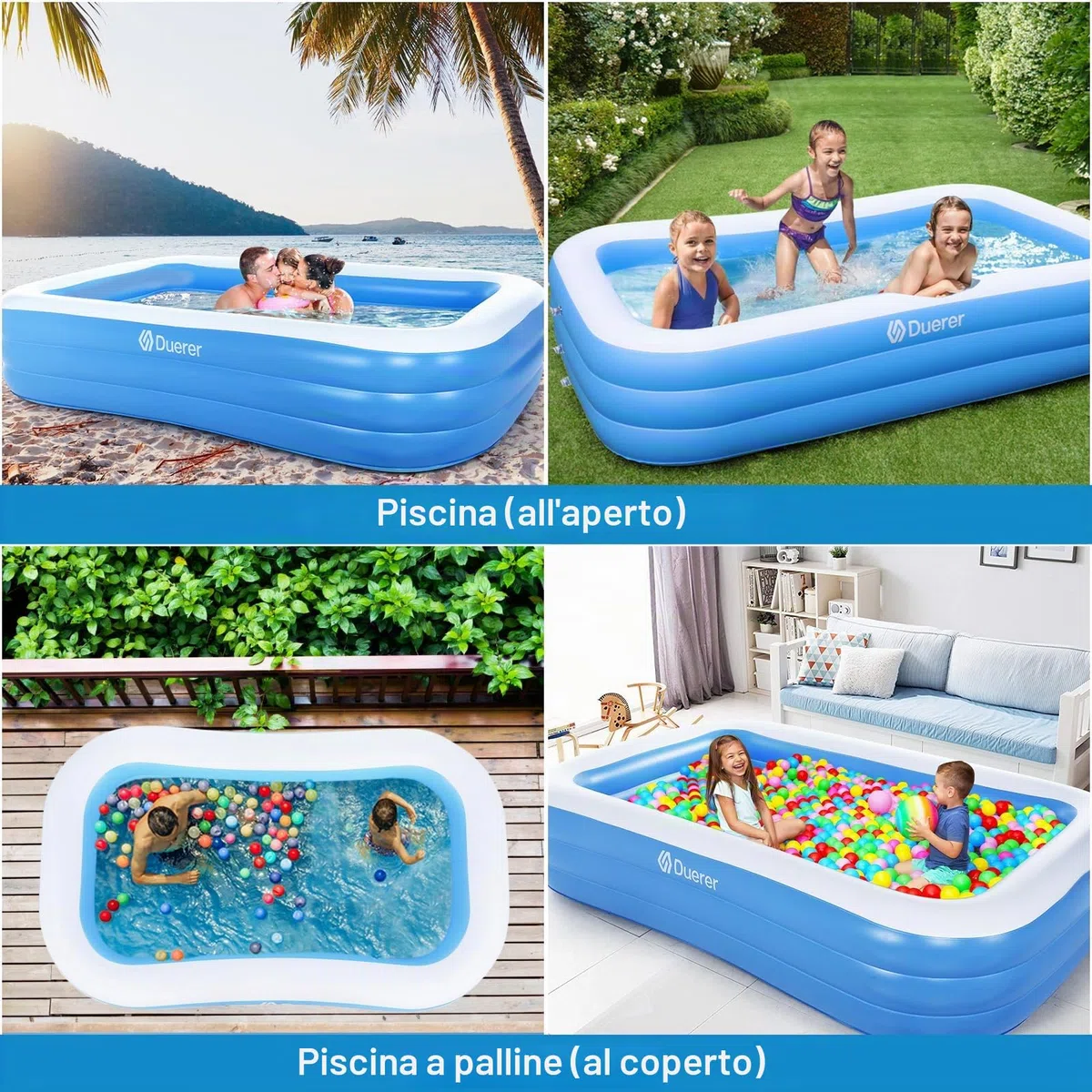 Duerer Piscina Gonfiabile Bambini con Adulti Rettangolare 305cm x 182cm x 56cm, Piscine fuori terra, Piscina per Famiglie per Cortile, Festa Estiva in Acqua, all'aperto Giardino swimming pool