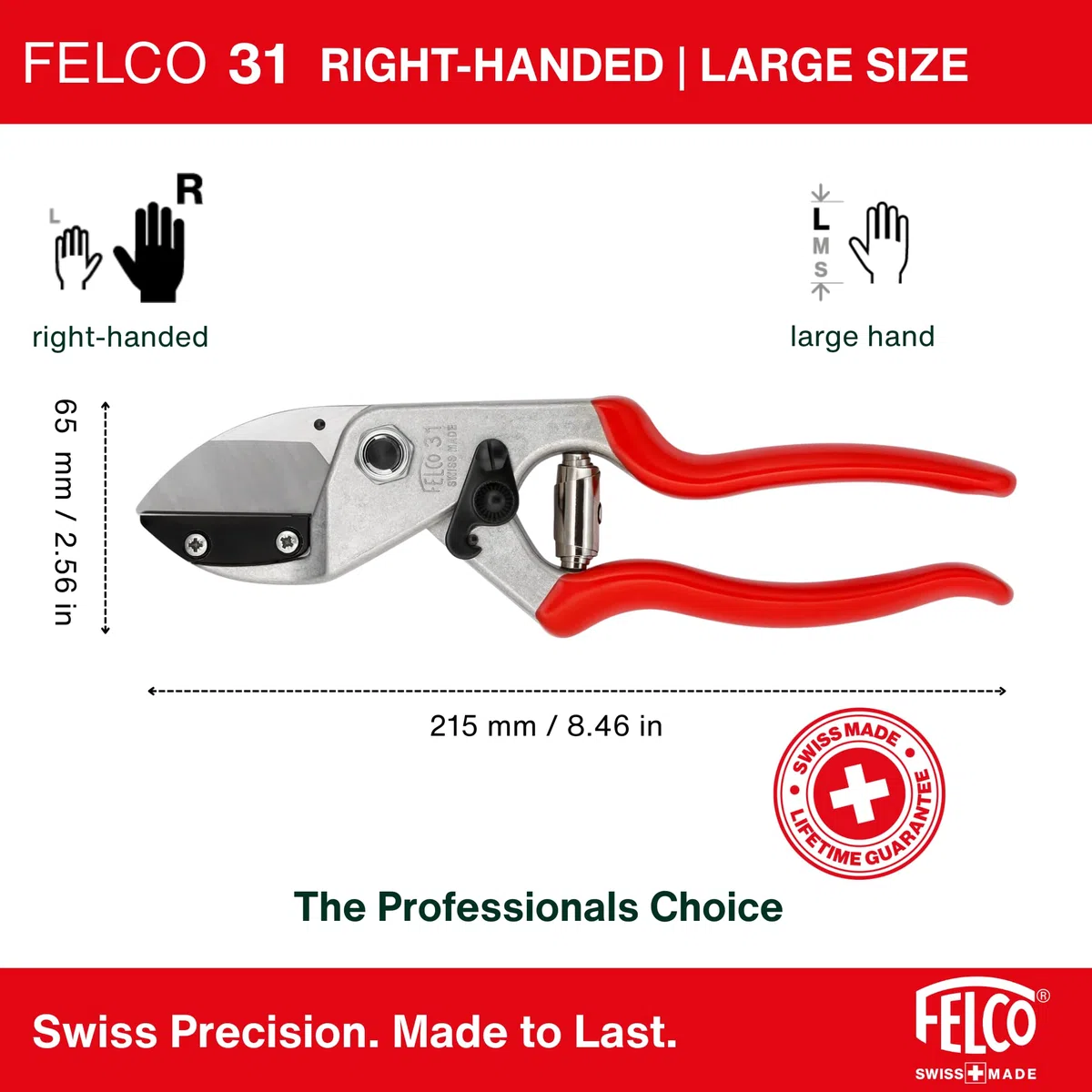 FELCO 31 Cesoia a Incudine, Mano Destra e Sinistra, Mano Grande, Capacità di Taglio 25mm, Legno Duro e Secco, Lama Dritta Bisellata, Made in Switzerland, Garanzia a Vita