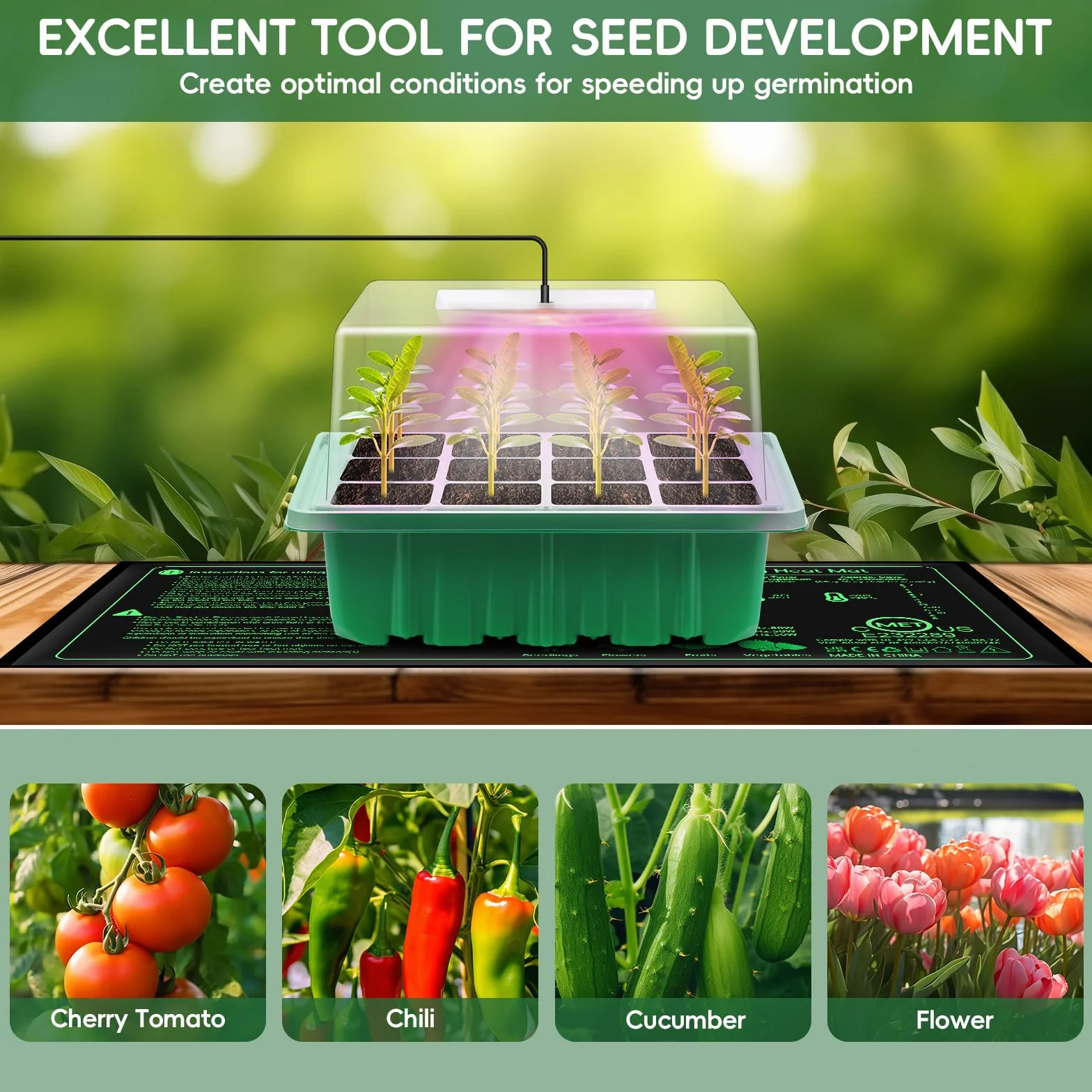 Verdenu Vassoio Germinazione con Tappeto Riscaldante, 3 Pacchetti Semenzaio con Luci di Crescita, Mini Serra Germinazione Riutilizzabile per Piante da Interno