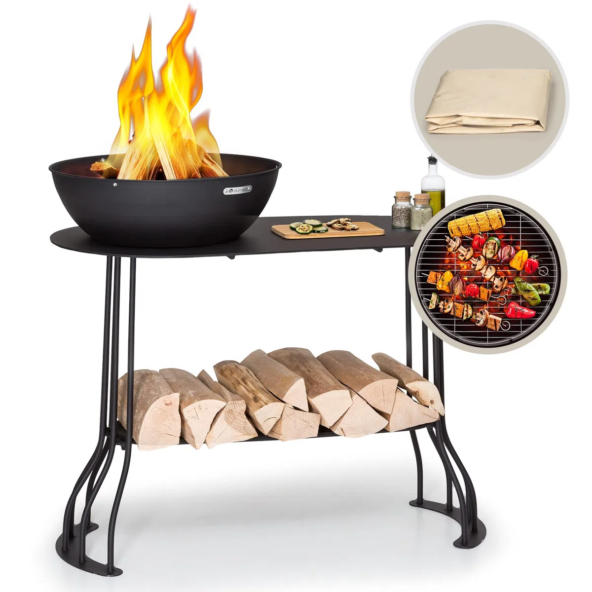 Blumfeldt Braciere da Giardino, Bracere da Esterno Portatile con Griglia, Braciere Barbecue con Griglia, Copertura Pioggia, Ciotola in Acciaio, Bracere da Esterno Legna, da Campeggio Ovale