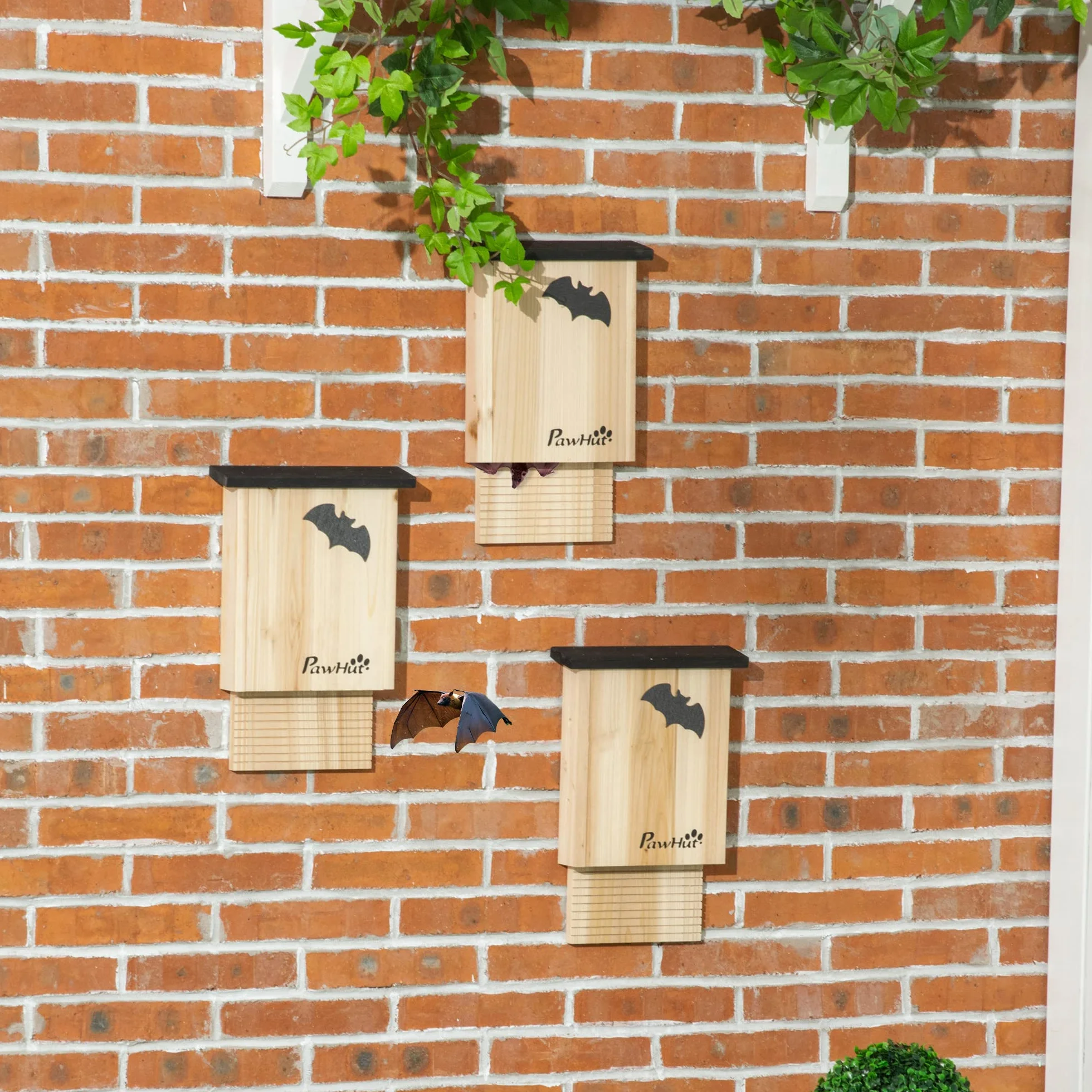 PawHut Set di 3 Casette per Pipistrelli in Legno di Abete, Rifugio per Pipistrellini per Giardino ed Esterni, Bat Box Facile da Appendere, 25x6x37.5 cm, Legno Naturale