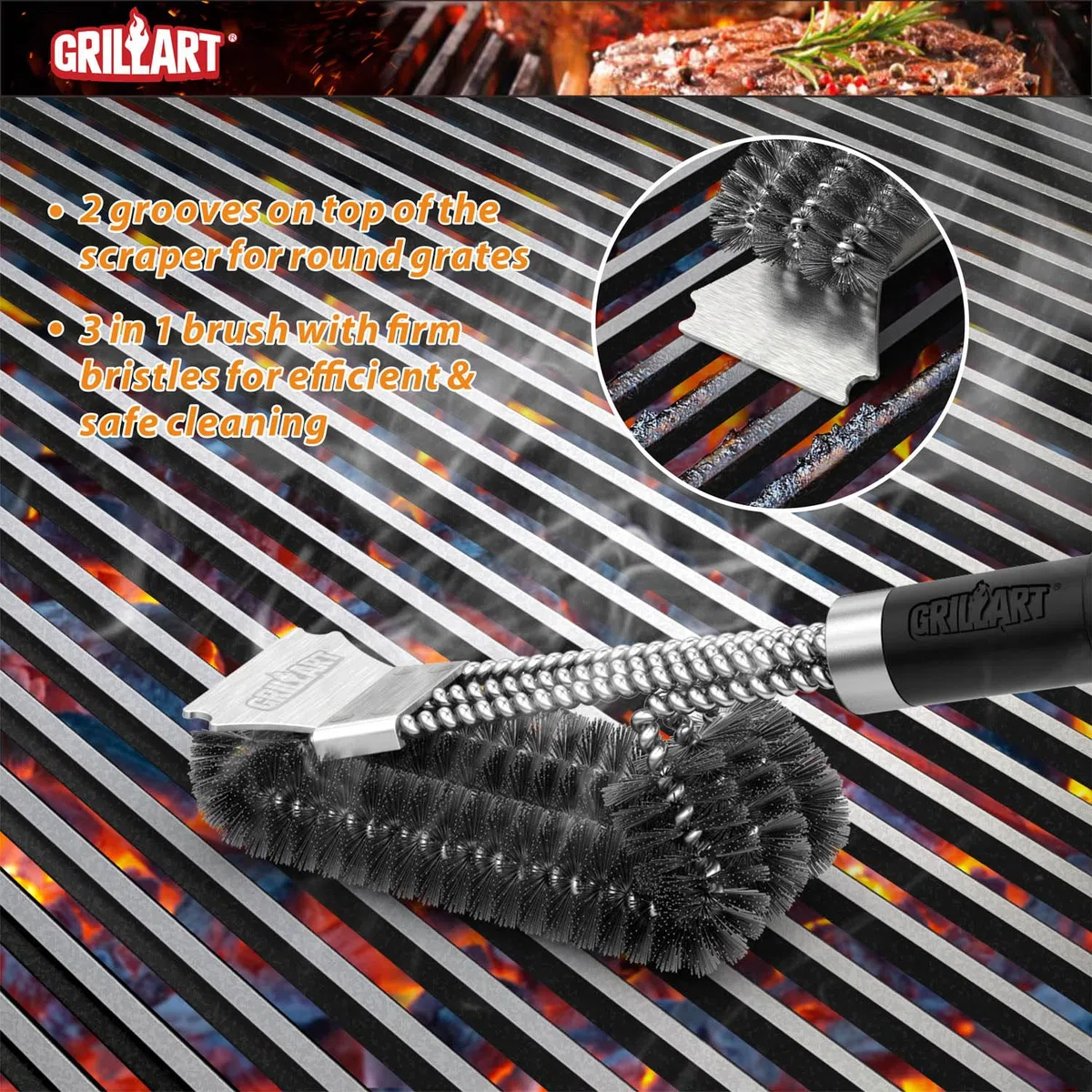 GRILLART BR-8529 BR-8529 - Spazzola per griglia e raschietto con manico Deluxe, spazzola per la pulizia della griglia della griglia del barbecue e della griglia del carbone a raggi infrarossi, per