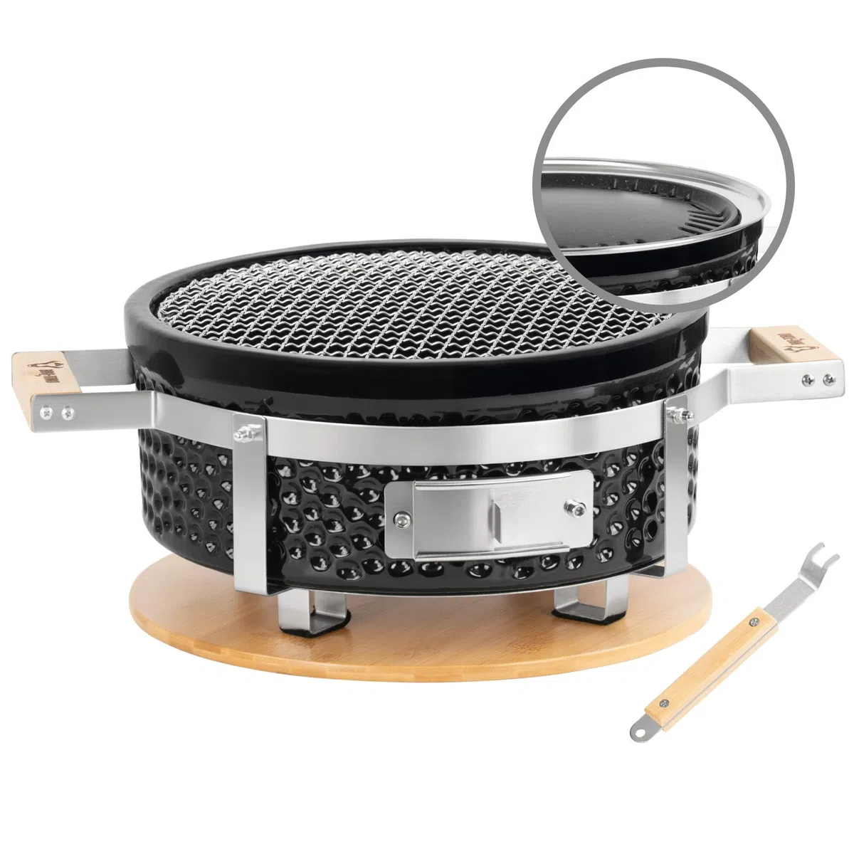 BBQ-Toro Barbecue da tavolo in ceramica, rotondo, diametro 29,5 cm, con base in legno, Hibachi, barbecue in ceramica, barbecue a carbonella, barbecue da tavolo senza elettricità, raclette giapponese