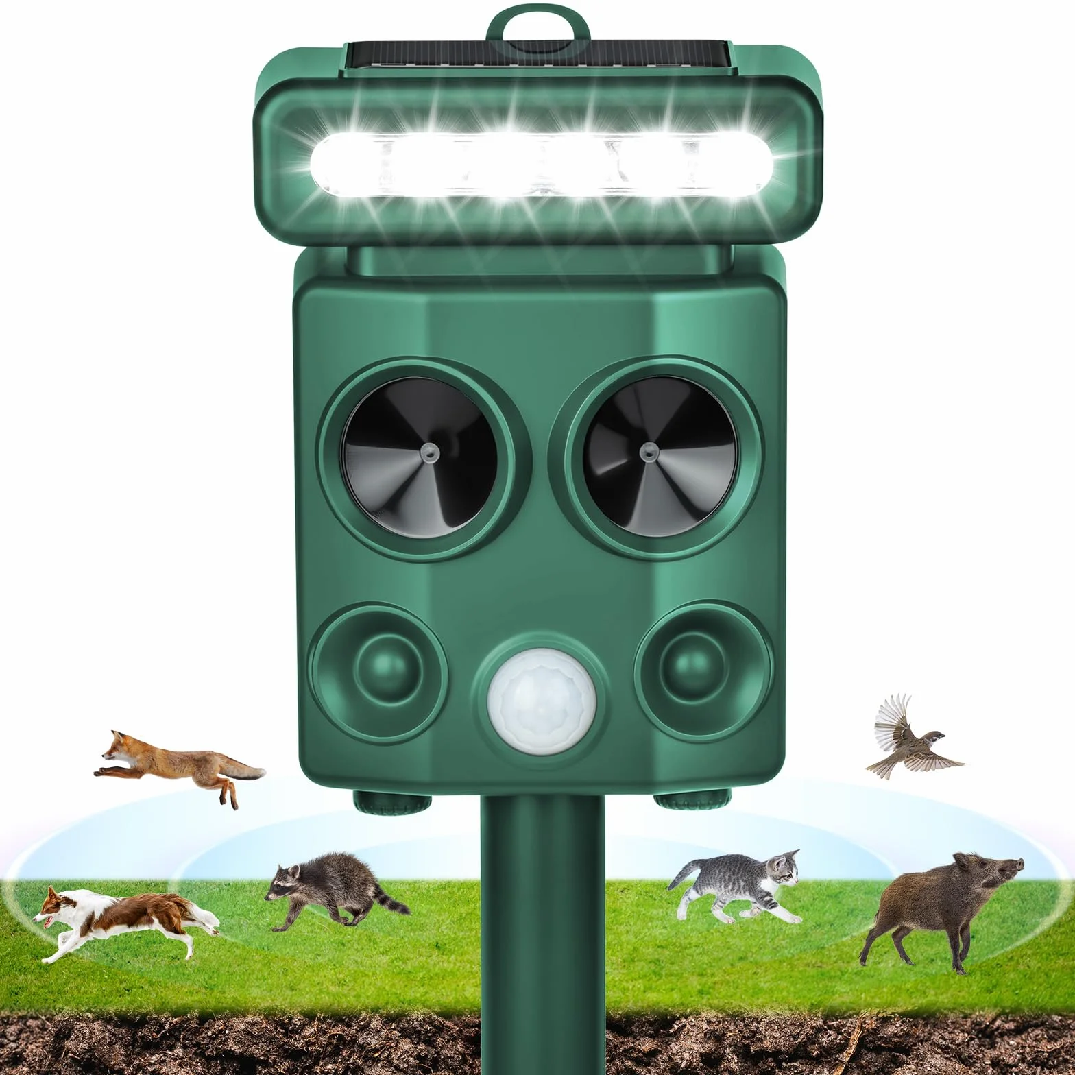 AOOWU Professionale Repellente per Gatti, Ultrasonico Solare Alimentato Animale Deterrente, Repellente per Roditori a Ultrasuoni con Luce Flash a LED, per Cani, Piccioni, Volpi, IP66 Impermeabile