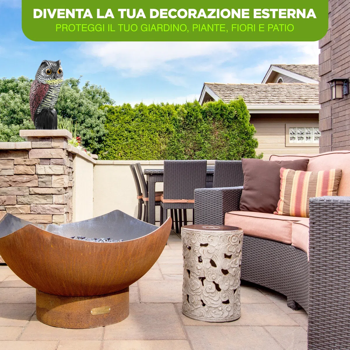 ISOTRONIC richiamo Gufo Controllo Uccelli spaventapasseri Realistico Testa oscillante Repellente piccioni Giardino Balcone frutteto 1 Pezzi Efficace Esterno Protezione Difesa Stop volatili visivo