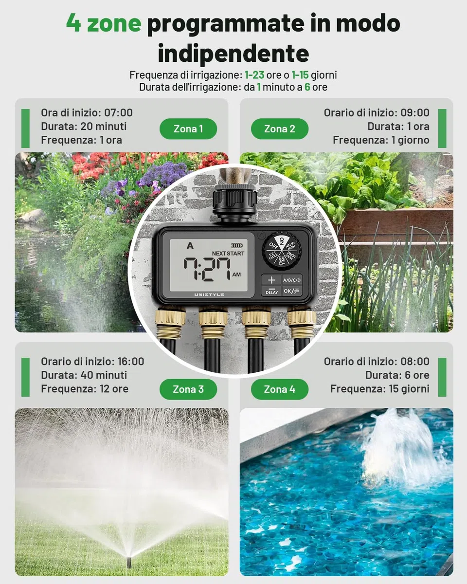 Unistyle Computer per irrigazione a 4 uscite, con timer automatico per l’irrigazione, ingresso in ottone integrato, per giardino, prati (versione in lingua italiana non garantita)