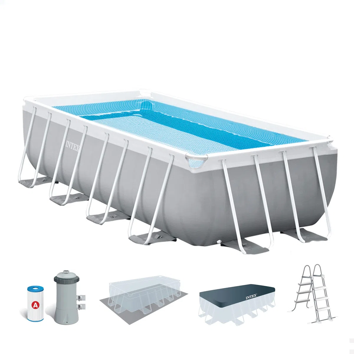 Intex 26792NP – Piscina Fuori Terra Prisma Frame Rettangolare, Pompa Filtro 3785 L/h & 26644 – Pompa Filtro a Sabbia Krystal Clear, Flusso d'Acqua 5700 L/h, Flusso di Sistema 4000 L