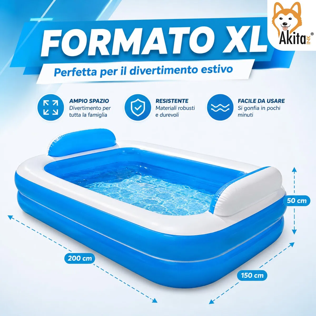 Akitaink Piscina Gonfiabile Rettangolare 200x150x50 cm con Cuscini Integrati, in Vinile Resistente PVC, Azzurro e Bianco, per Bambini dai 3 Anni, da Giardino