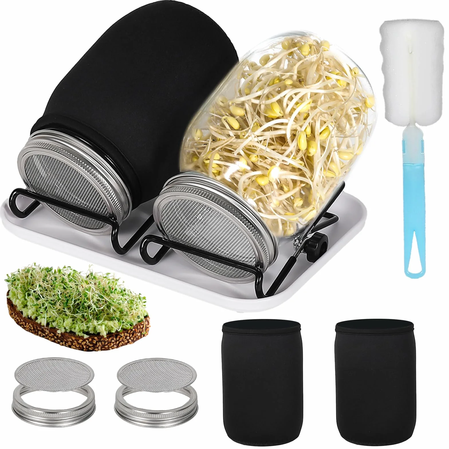 Cinnani Barattolo Germogliatore Set, Kit di Barattoli per Germogliamento di Semi, 2 1000ml Germogliatore in Vetro, 2 Coperture, 2 Supporti e 1 Vassoio, 2 Manicotti Oscuranti, 1 Spazzola
