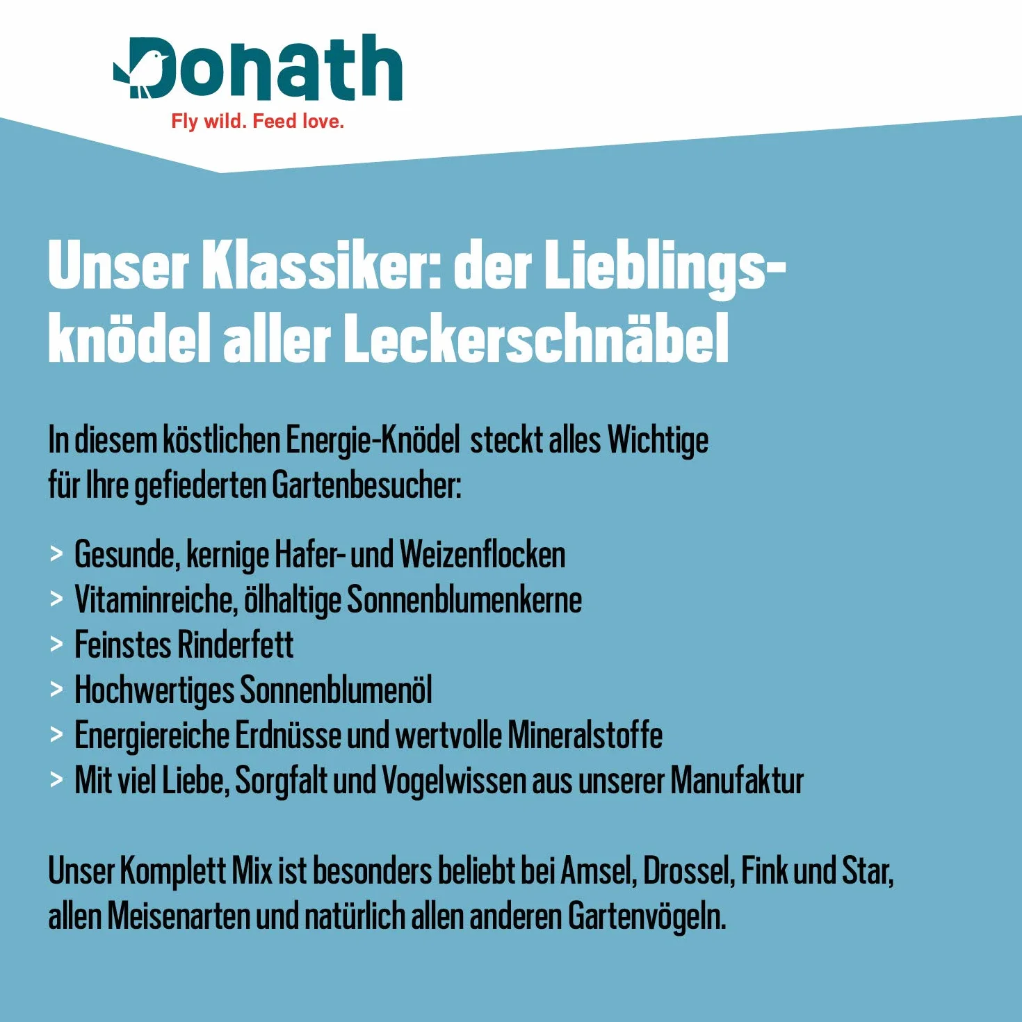 Donath gnocco energetico classico per cince - senza rete - 100g l’uno - con grasso energizzante - cibo per uccelli selvatici adatto tutto l’anno - dalla nostra manifattura nel sud della Germania