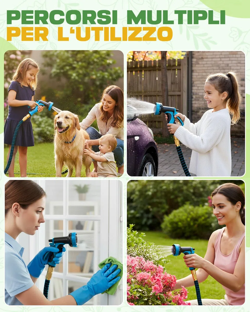 Tubo Estensibile 45m Universale, Canna Flessibile Multiuso con Pistola 10 Funzioni e Raccordi in Ottone, Tubo Rinforzato 4 Strati, per Giardinaggio, Pulizia e Auto