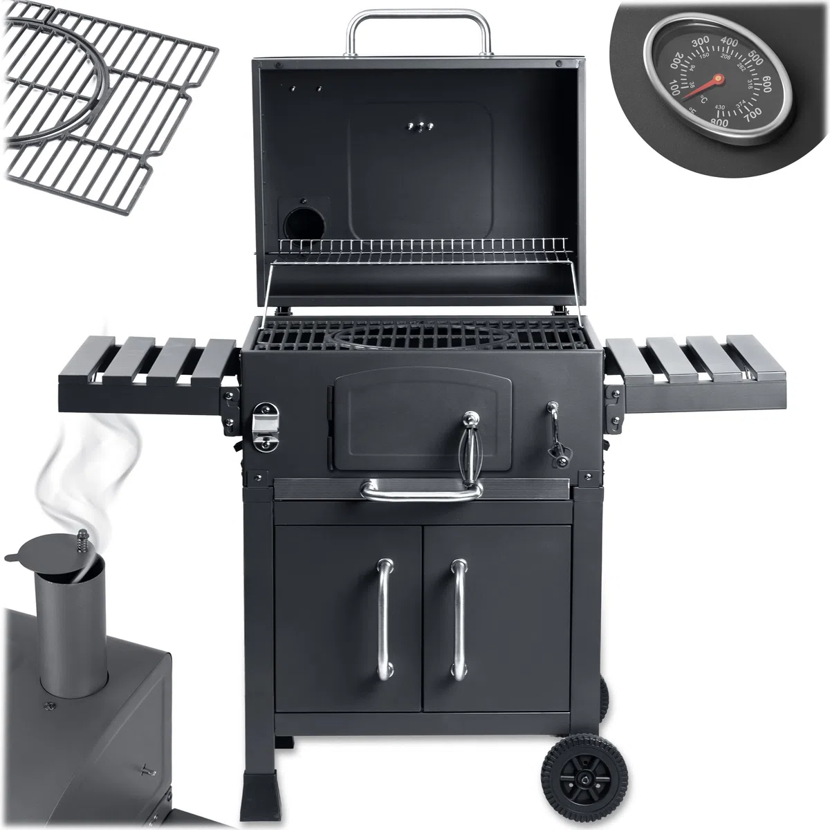 Berdsen BBQChef - Barbecue a carbonella con camino e griglia in ghisa, 41,5 x 57 cm, vassoio per carbone regolabile in altezza, termometro, ripiani laterali pieghevoli, mobiletto inferiore, griglia su