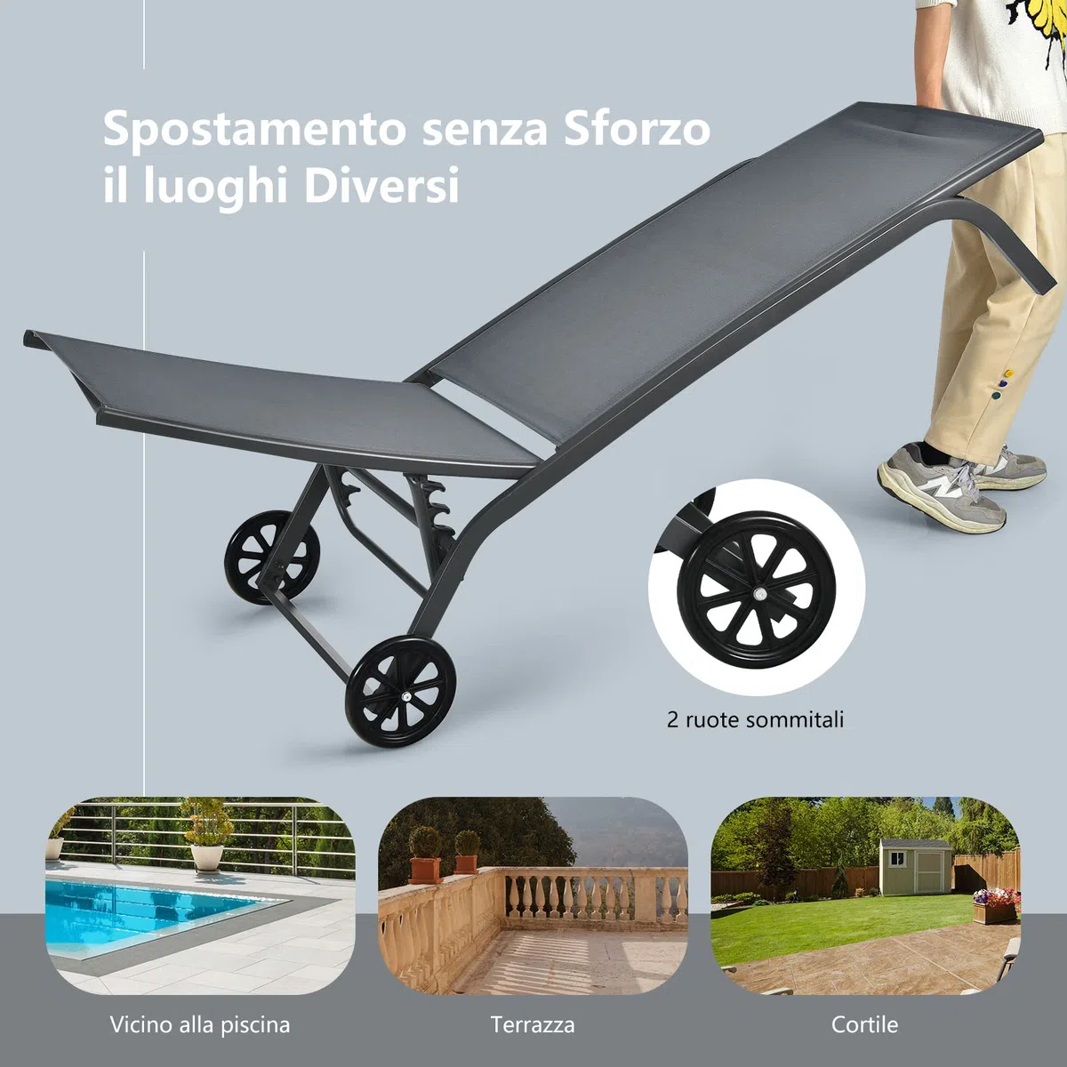 COSTWAY Lettino Prendisole con Ruote, Sdraio da Giardino Regolabile in 6 Posizioni, Struttura Metallica e Tessuto Traspirante, per Giardino, Piscina e Spiaggia, Portata 150 kg (1, Grigio)