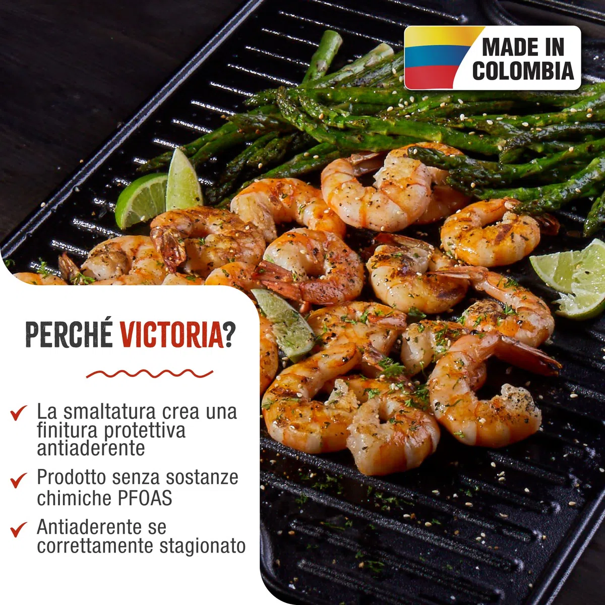 VICTORIA Bistecchiera Ghisa Smaltata, Piastra per Grigliare Reversibile 47 X 25 cm per Fuoco, Barbecue, Forno, Vetroceramica, Gas, Priva di Sostanze Tossiche e senza PTFE