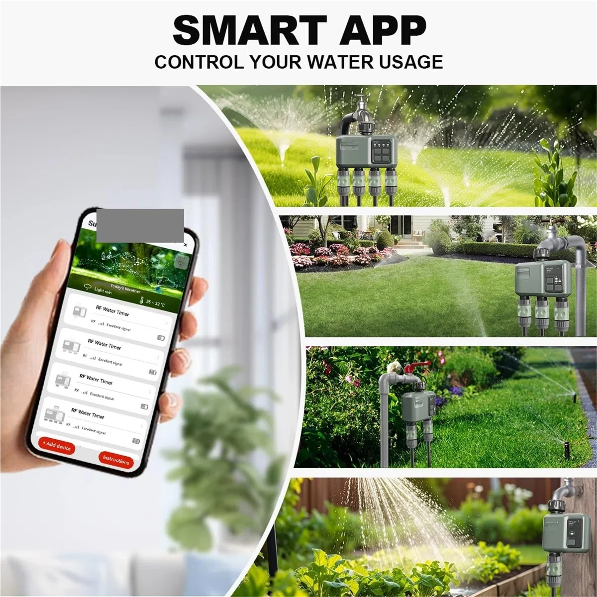 Wifi + RF433 Smart Garden Sprinkler Water Timer 4-Outlet Rain Delay Filtro Programmabile Controller automatico di irrigazione