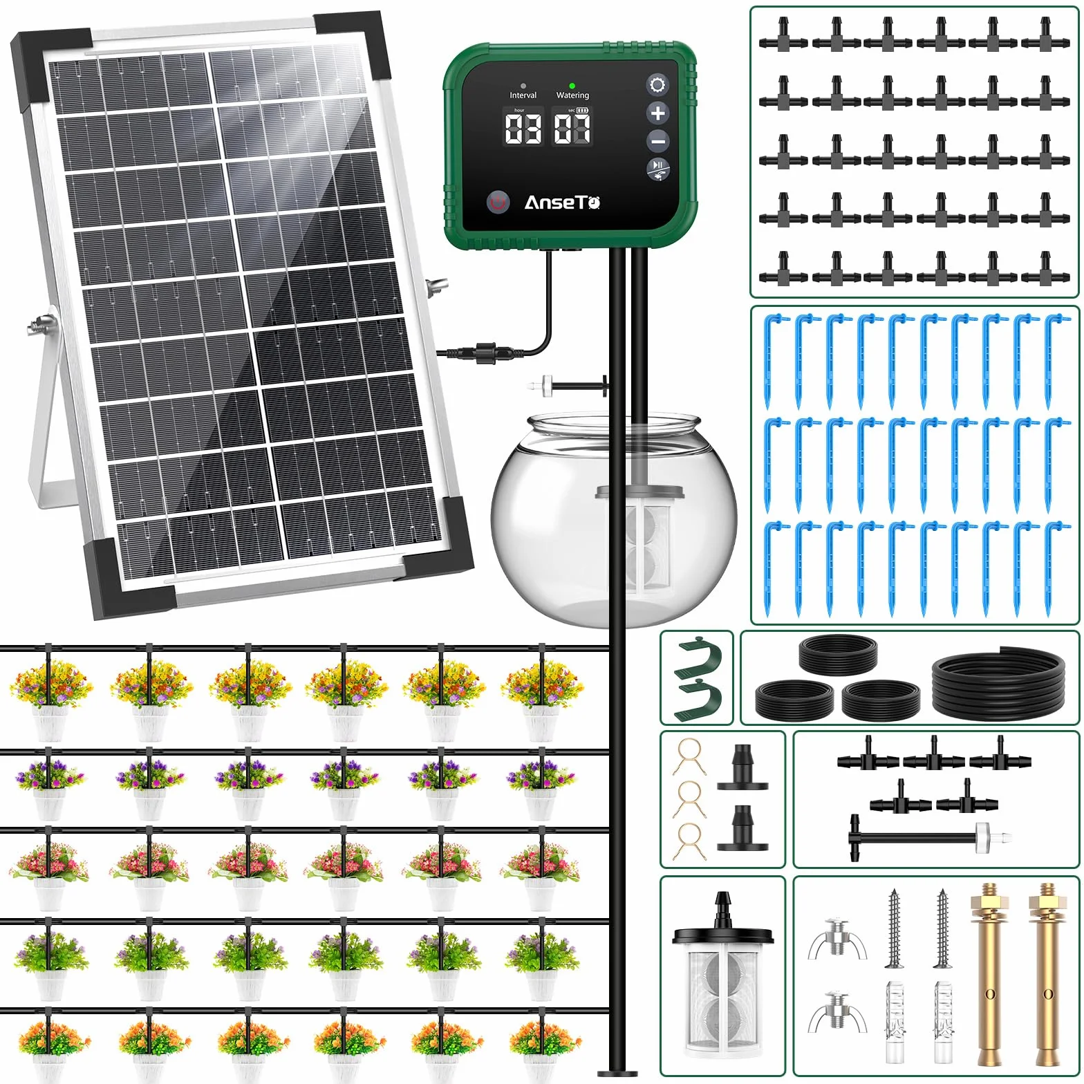 Kit per Sistema di Irrigazione Solare 8W per Giardino/Balcone/Serra | Controller Intelligente Regolabile con 30 Gocciolatori per Irrigazione Automatica di Orti, Serre, Aiuole e Piante in Vaso