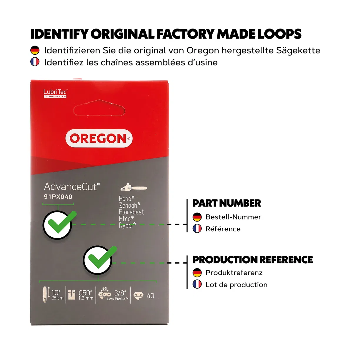 Oregon AdvanceCut Catena per Motosega con Asta di Prolunga, Passo 3/8", Calibro 1,3 mm, 40 Maglie di Trasmissione per Barra da 25 cm. Compatibile con Tutte le Marche, Incluse Einhell e Molte Altre