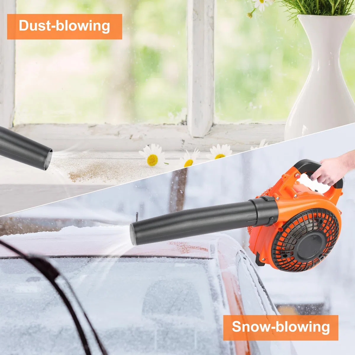 Soffiatore di foglie a benzina 26cc potente, soffiatore portatile motore 2 tempi raffreddato ad aria, avvio semplice, impugnatura ergonomica antivibrazione per giardino cortile pulizia esterna