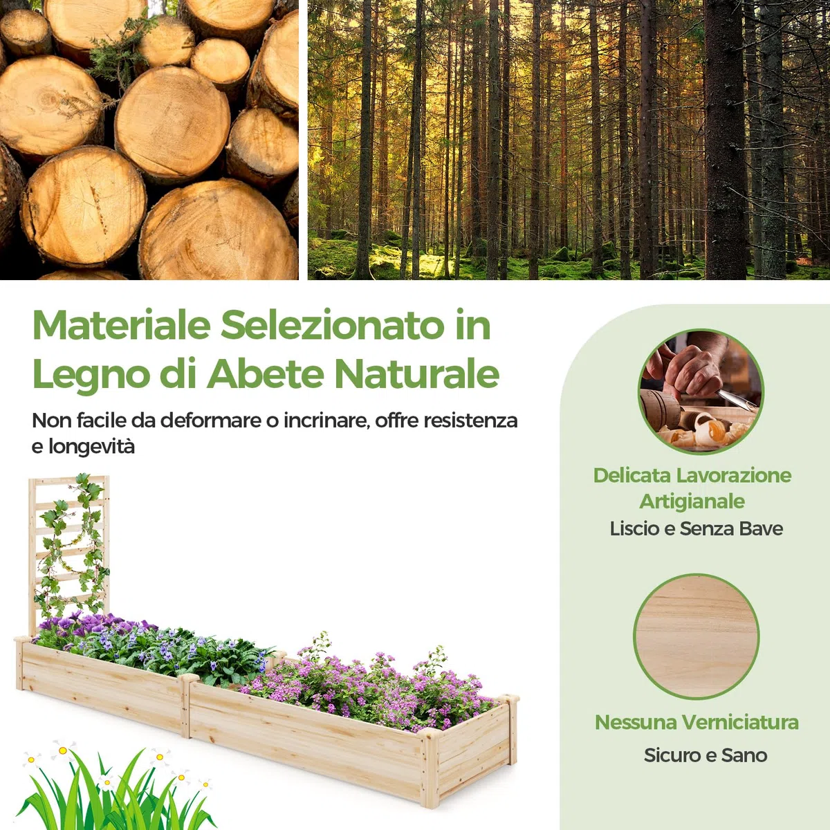 COSTWAY Fioriera da Esterno e Traliccio, Letto Rialzato in Legno per Fiori, Erbe, Verdure, Frutta e Viti Rampicanti, Aiuola Elevata da Giardino con Spalliera, 235CM x 63CM x 102CM (Naturale)