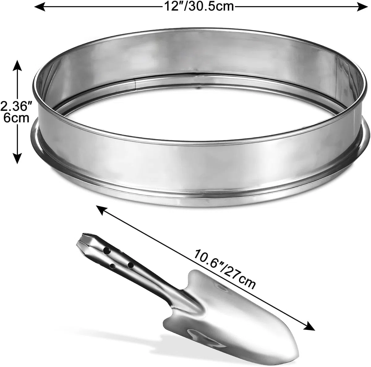 Set di Setaglio da Giardino Rotondo 30cm in Acciaio Inox con 5 Setacci Intercambiabili di 3/6/9/10/12mm, Attrezzi da Giardino per Setacciare Terreni, Semi, Pietre e Compost, Comprese Pale