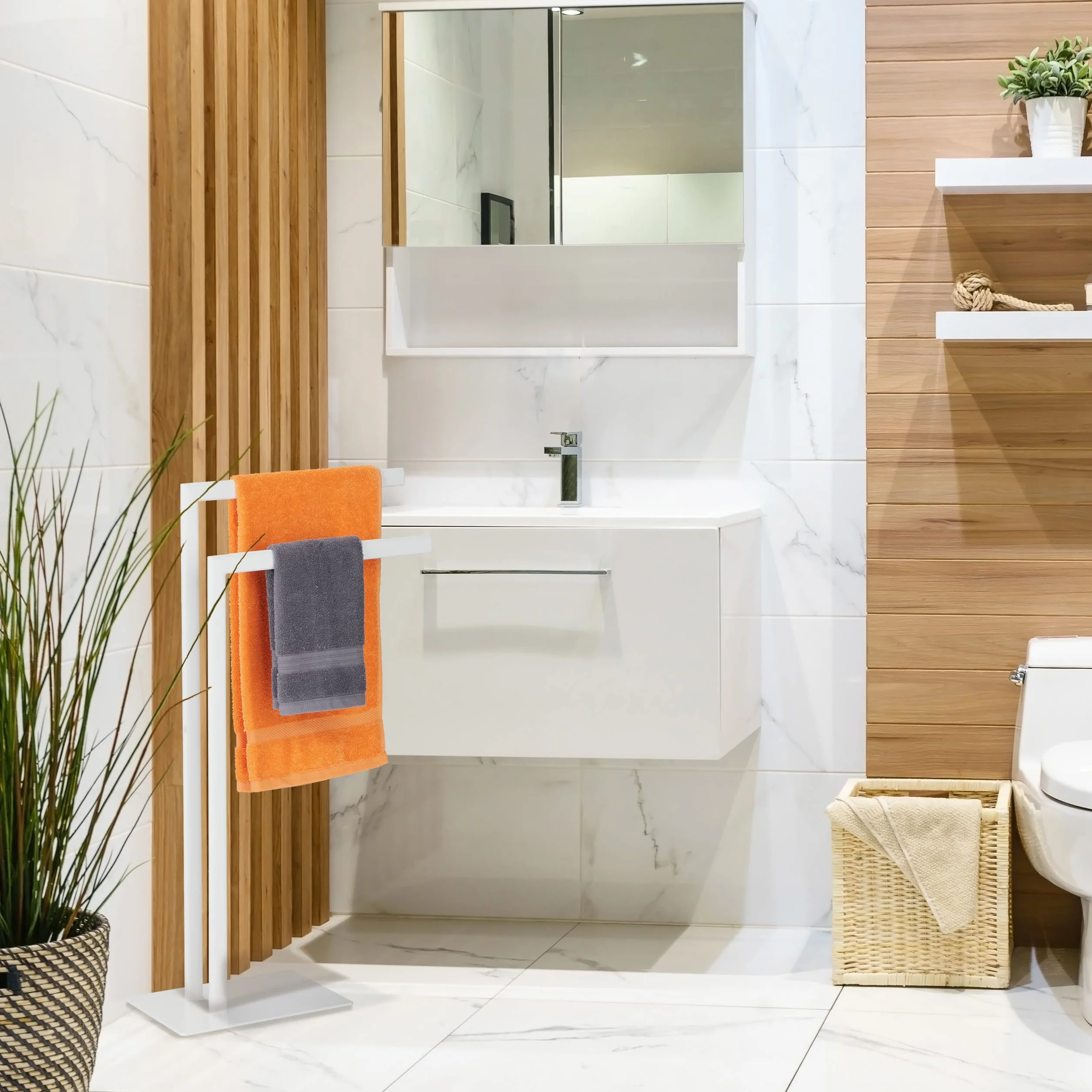 Relaxdays Piantana Portasciugamani, Autoportante con 2 Bracci, Acciaio, Appendi Asciugamani HLP 81 x 48 x 20 cm, Bianco