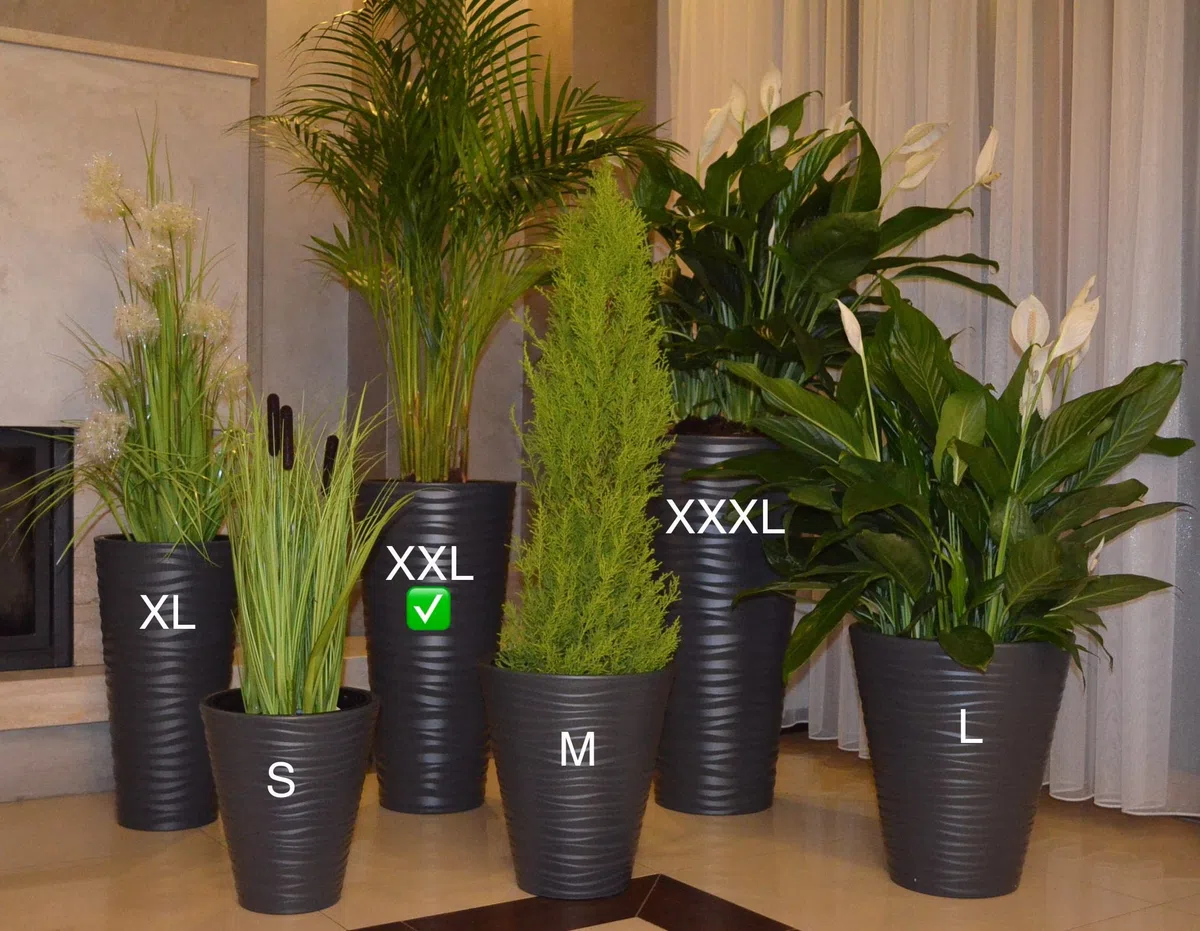 Vaso per piante XXL, forma rotonda allungata, effetto 3D, ondulato, colore: grigio antracite, con inserto rimovibile, diametro x altezza: 35 x 68,5 cm