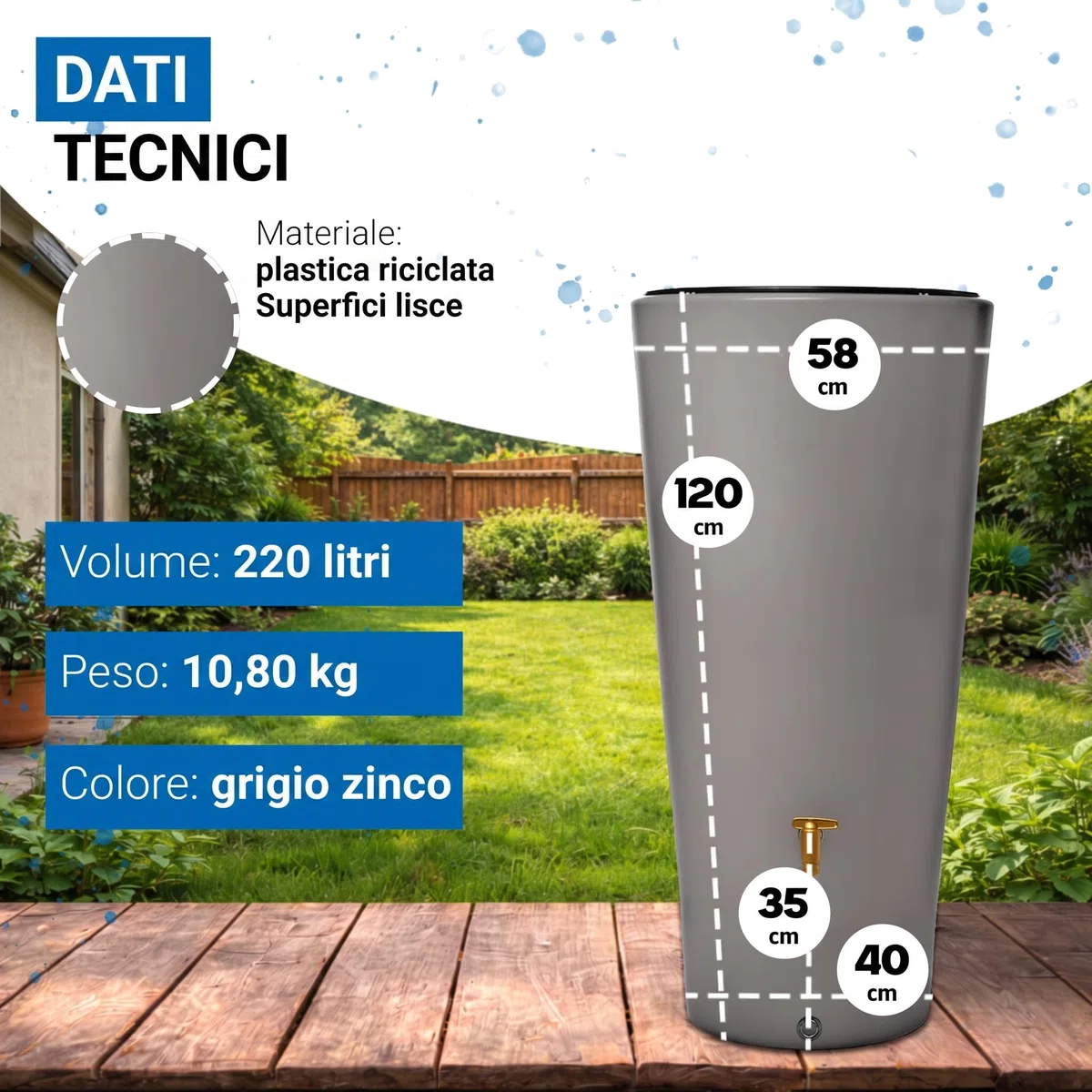 4rain VASO 2in1 serbatoio per pioggia 220 litri grigio zinco incl. rubinetto in plastica e raccordo pluviale - contenitore acqua piovana decorativo - raccolta da grondaia pratica - con filtro incluso