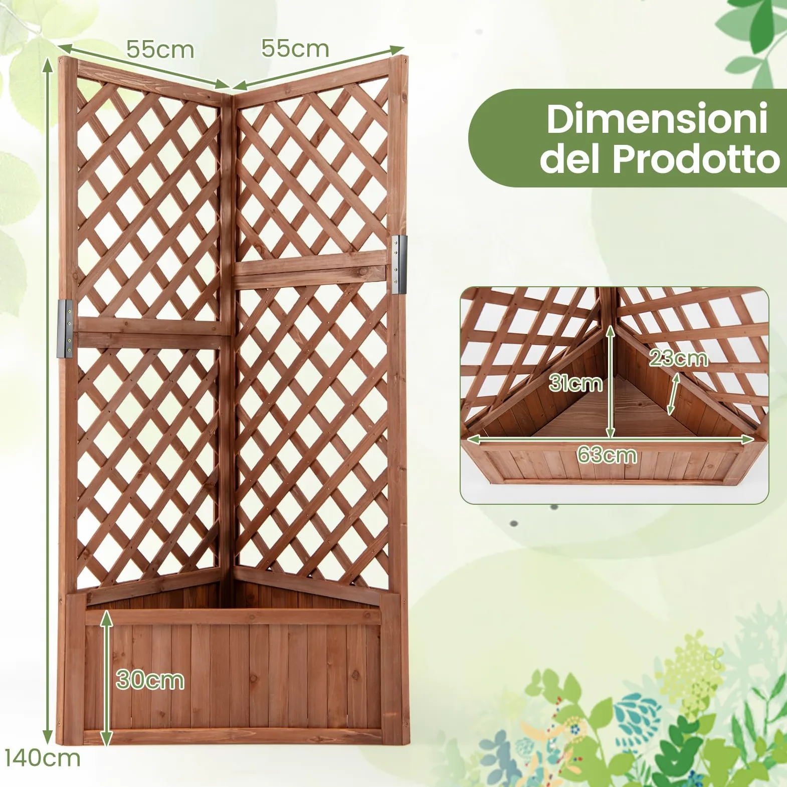 COSTWAY Letto da Giardino Rialzato ad Angolo con Traliccio e Fori di Drenaggio, Fioriera in Legno Elevata per Piante Rampicanti, Fiori e Verdure, Ideale per Interno ed Esterno (Marrone)