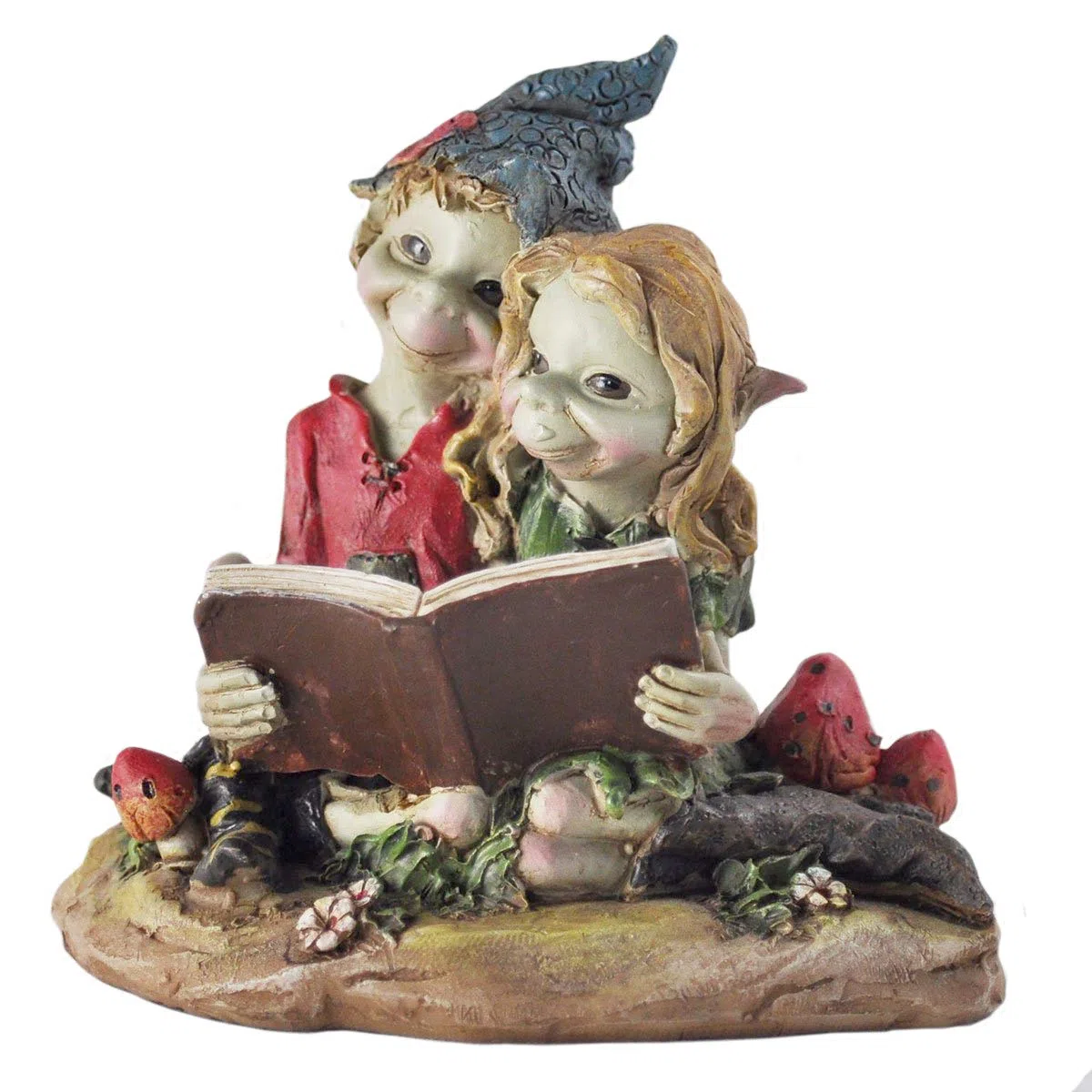 Statuetta raffigurante una coppia di folletti Pixie seduti a leggere, decorazione da giardino a tema magia e mistero, altezza: 10 cm