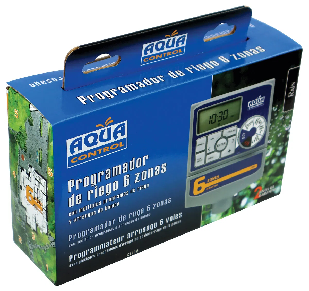 Aqua Control - Programmatore d'Irrigazione Automatica per Giardino con Trasformatore e Schermo LCD, Adatto per 6 Zone di Irrigazione